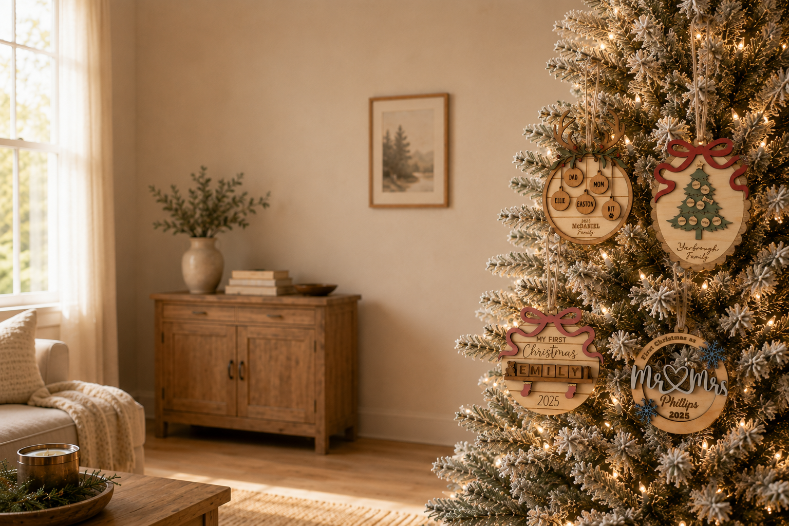 Personalized wooden Christmas ornaments displayed on a flocked Christmas tree.